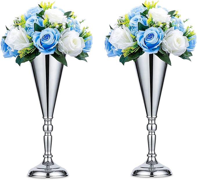 Sziqiqi Trumpet Floral Centerpiece Riser Stand for Wedding Reception Centerpieces Party Event Anniversary Birthday Decoration Flower Arrangement Pack of 2, Silver 14in