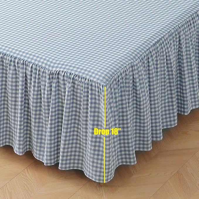 Silnuo Blue/White Plaid Bed Skirt Washed Cotton Shabby Gingham Checkered Dust Ruffle King Size 18" Bedding(1 Bed Skirt Only)