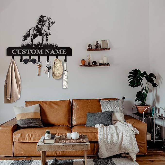 Personalized Cowboy Coat Hooks, Cowboys Horse Key Holder Wall Mount, Clothes Cowboy Hat Rack and Backpack Hanger, Western Wall Decor, Metal Key Rack Organizer for Living Room Bedroom Color01