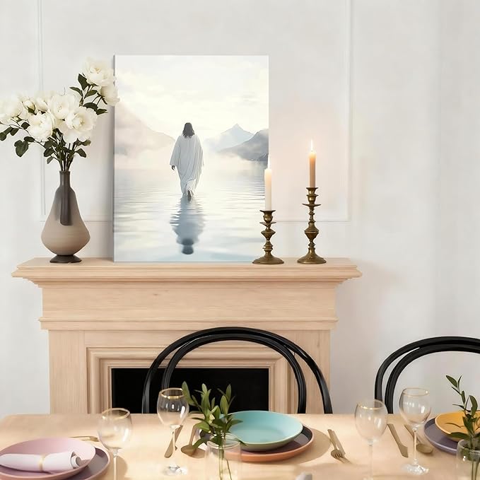 Framed Jesus Walking on Water Wall Art, Christian Canvas Wall Decor Pictures, I Will Walk With Christ Posters Prints Religious Home Decor for Living Room Bedroom Church Prayer Room12x16 inch