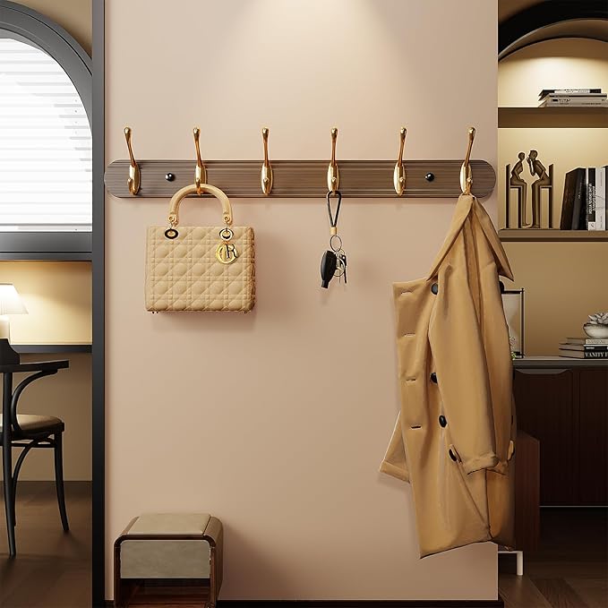 Coat Rack Wall Mount, Bamboo Coat Hanger with 6 Metal Pink Gold Hooks for Hanging Clothes, Towels, Keys, Hats, Bags(Brown)