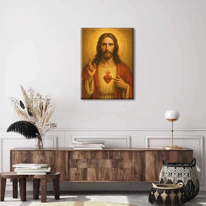 Sacred Heart of Jesus Canvas Wall Art Divine Mercy Wall Decor Jesus Portrait Painting Christian Religious Artwork Catholic Poster Prints for Bedroom Living Room Prayer Room Church 16x24in