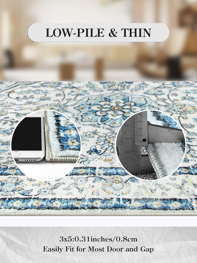 Lahome Oriental Blue Rug,Washable 3x5 Entryway Rugs Non-Slip with Rubber Backing,Soft Boho Front Door Carpet Indoor Entrance,Traditional Vintage Thin Throw Mats for Bathroom Bedroom Kitchen,(3x5ft)