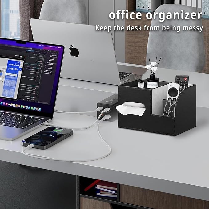 PU Leather Tissue Box Cover Square,Tissue Box Holder Organizer with Storage Tray and Remote Control Holder for Bathroom Countertop Night Stands Bedroom Office Desk,Napkin Caddy Decorative Black