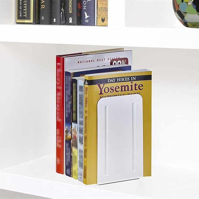 Acrimet Steel Metal Bookends for Shelves, Heavy Duty, for Large Books, 6 7/8" Tall X 4" Wide X 4 1/2" Deep, White Colored, 1 Pair