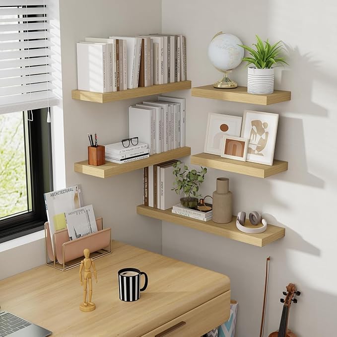 48 Inch Floating Shelves, 8 Inch Deep Floating Shelves for Wall, Hanging Shelf with Invisible Brackets, Deep Shelves for Bathroom, Bedroom, Living Room, Oak, Set of 2