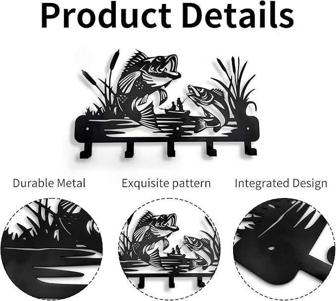 Aimery Metal Fish Coat Hooks Wall Art Decor-Fish Hangers and Key Holder-Clothes Rack and Backpack Holder for Wall Fishing Decor for Storage, Living Room, Hallway, Office