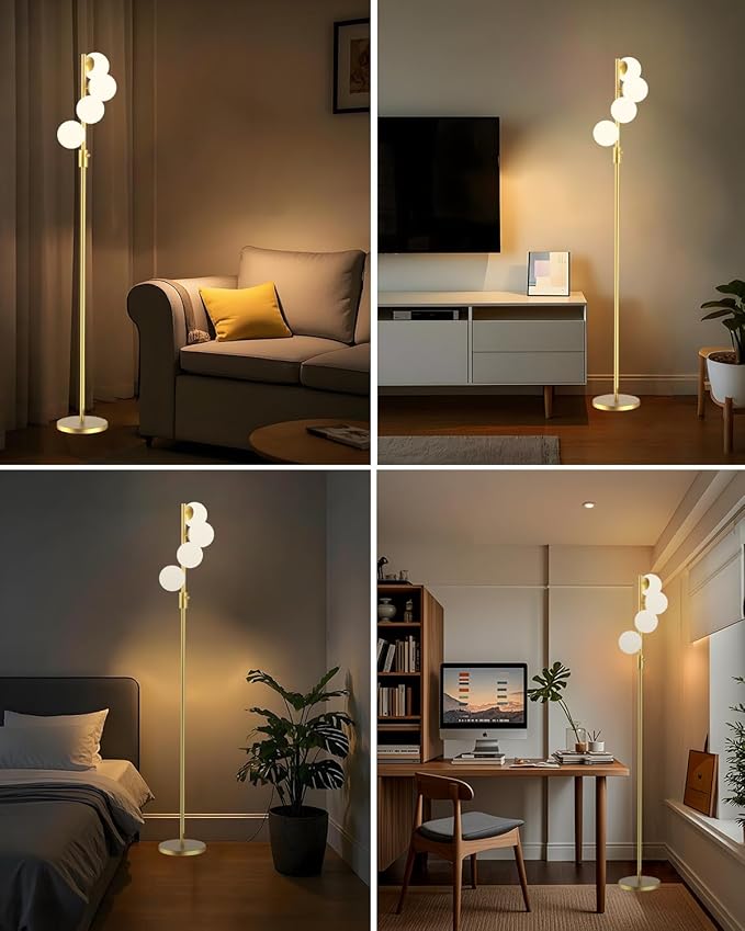 ACOHOOK Gold Globe Floor Lamp Dimmable 64IN Tall Standing Lamps with Soft Warm White Eye Care 3000K G9 Bulbs, Mid Century Modern Floor Lamp for Living Room Bedroom