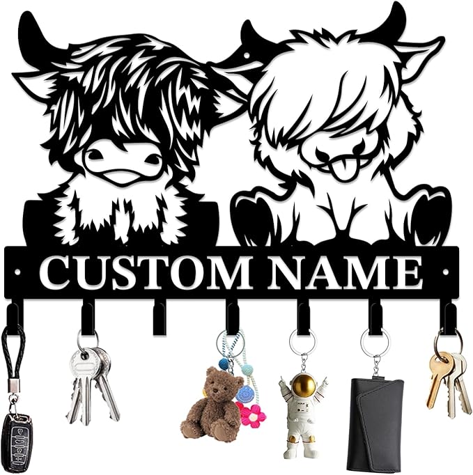 magilab Personalized Custom Highland Cow Wall Hooks,Metal Highland Cow Art Clothes Hooks,Metal Highland Cow Wall Home Storage Decorative,for Front Door, Hallway, Kitchen, Bedroom,Keys,Hats (Style C)