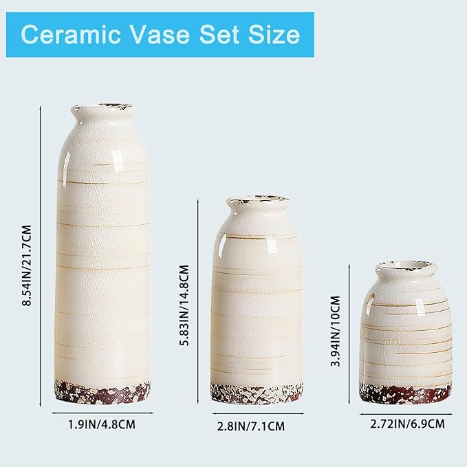 Ceramic Vase Set of 3 – Handcrafted Modern Farmhouse Decorative Vases for Boho Living Room Centerpieces, Entryway Decorations, Coffee Table, Bookshelf, Fireplace Mantel