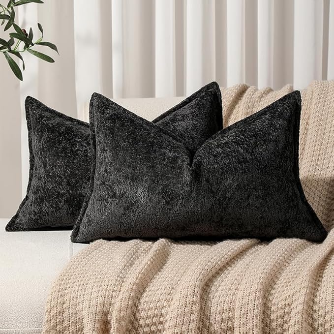 DEZENE Pack of 2 Black Decorative Throw Pillow Covers 12x20 Cozy Soft Chenille Accent Vintage Rectangular Lumbar Couch Pillow Covers for Home Decor Bed Sofa Living Room