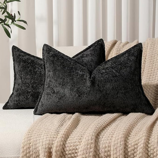 DEZENE Pack of 2 Black Decorative Throw Pillow Covers 12x20 Cozy Soft Chenille Accent Vintage Rectangular Lumbar Couch Pillow Covers for Home Decor Bed Sofa Living Room