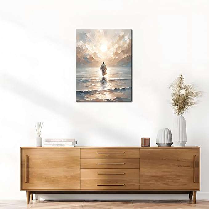 Jesus Walking on Water Canvas Wall Art, Christian Bible Stories Wall Decor Paintings, Jesus Walks on Water on Water Back Posters Prints Pictures for Church Living Room Bedroom 16x24 Inch Framed