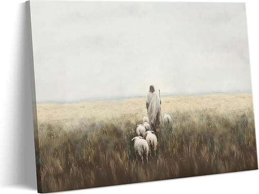 Jesus and Lamb Canvas Wall Art Vintage Christianity shepherd Painting Picture Wall Decor Jesus Leaves the 99 Sheep Inspirational Poster Print Artwork for Church Study Living Room Home Decoration