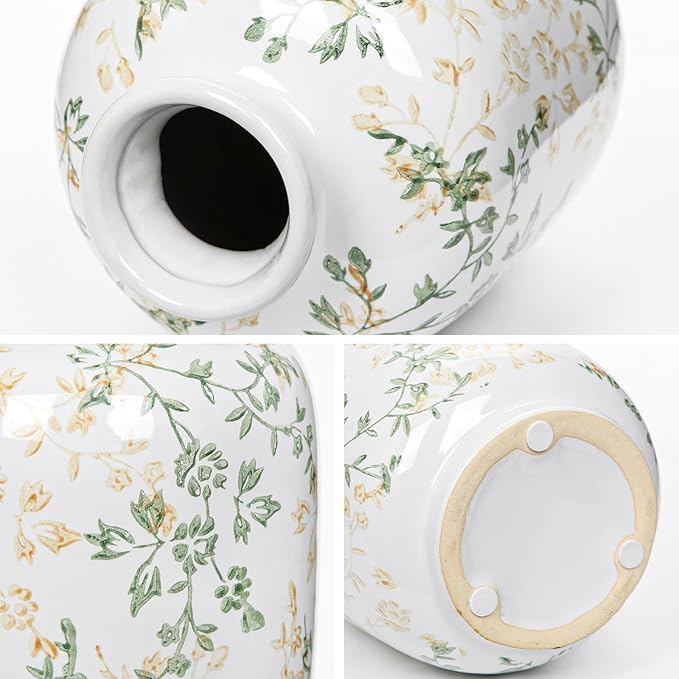 Hollyone Green and White Porcelain Vase Large Chinoiserie Floral Vintage Tall Green Ceramic Vases for Home Mantle Shelf Living Room Table Centerpieces Decor, 7.3 Inch