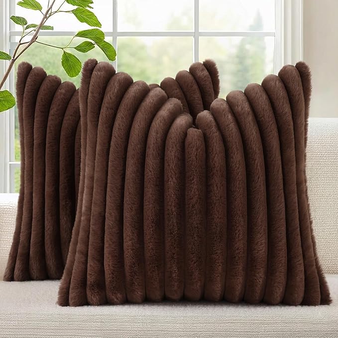 decorUhome Faux Fur Throw Pillow Covers 26x26 Set of 2, Decorative Soft Plush Striped Neutral Couch Euro Pillow Covers with Velvet Back for Sofa, Bed, Living Room Home Decor, Dark Brown