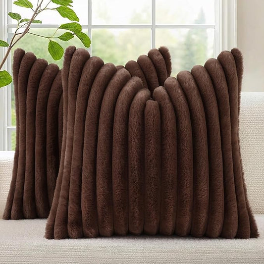 decorUhome Faux Fur Throw Pillow Covers 22x22 Set of 2, Decorative Soft Plush Striped Neutral Couch Euro Pillow Covers with Velvet Back for Sofa, Bed, Living Room Home Decor, Dark Brown