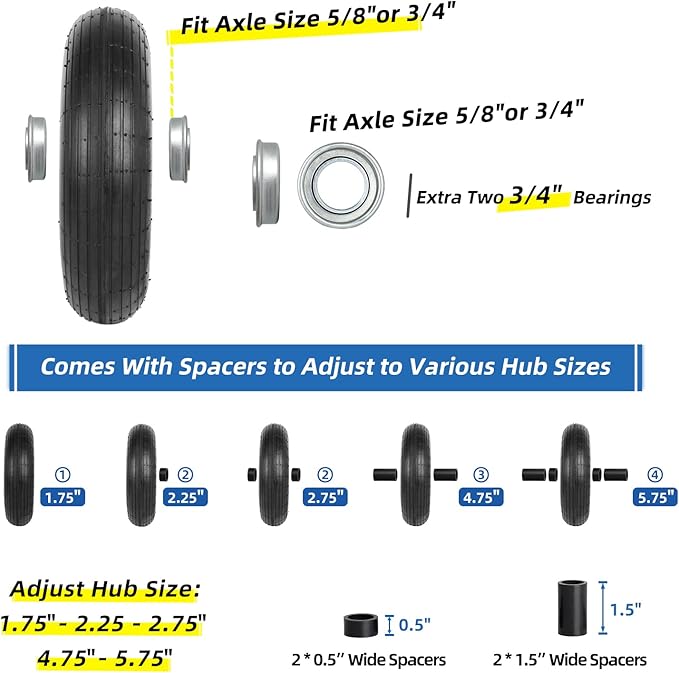 4.00-6 Tire and Wheel, 13" Wheelbarrow Pneumatic Tire, 5/8" & 3/4" Bearings, 1.75-6" Centered Hub,Sealed Bearings for Wheelbarrows Trolley Dolly Garden Wagon Cart Wheel Replacement