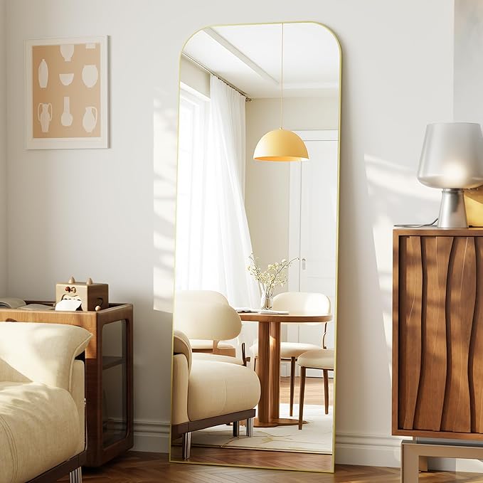 Full Length Mirror 64"x21" Mirror Full Body with Aluminum Alloy Frame Top Square-Edged Floor Mirror with Stand for Bedroom Living Room Gold