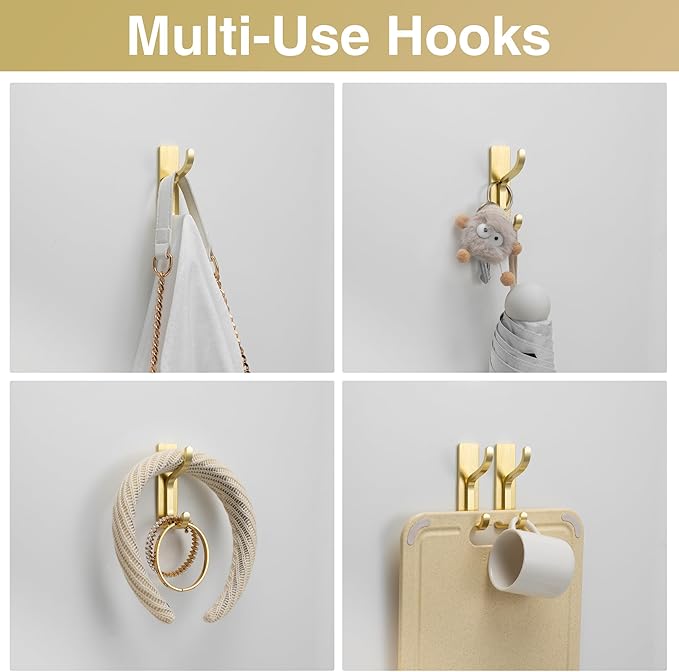 pickpiff Adhesive Wall Coat Hooks - Heavy Duty Stick-On Door Hanger, Metal Hook for Hanging Towel,Purse, Robe, Backpack, Jacket, Clothes - for Bathroom,Dorm, Closet, Kitchen - Gold, 4 Pack