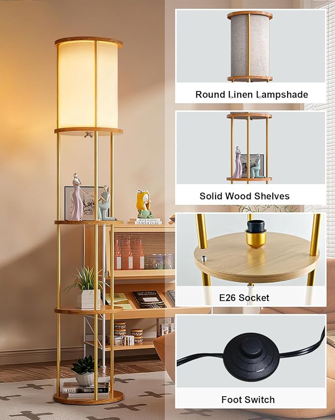 ACOHOOK 61" Floor Lamp with Shelves, Modern Gold Floor Lamp with Fabric Lampshade and 3- Tier Storage Table Attached, 35lb Capacity Solid Wood, Corner Bookshelf Lamps for Living Room, Bedroom, Office
