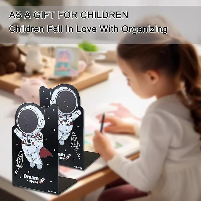 2 Pack Metal Bookends,5.3"x3.9"x8"Non-Slip Black Cartoon Astronauts Book Stopper,Heavy Duty Premium Space-Themed Decorative Book End, Supports for Kids Children Shelves,Room,School,Learning Gifts