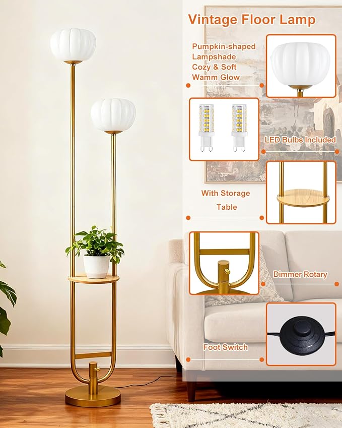 Lightdot 63IN Gold Floor Lamp Dimmable Standing Lamps with 2 Pumpkin Lampshades& Warm White LED Bulbs, Unique U-Pole Mid Century Modern Tall Lamp for Living Room/Bedroom/Wedding/Party