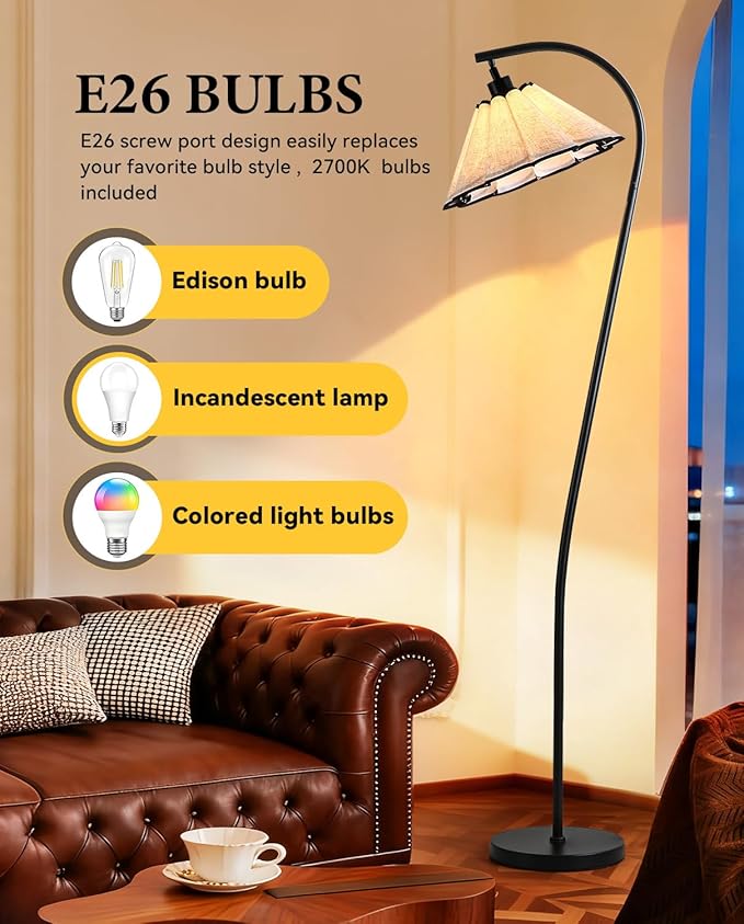 Omlaamy Floor Lamp with Pleated Linen Lampshade, Modern Flower Floor Lamp for Living Room Arc Standing Lamp, Gold Tall Lamp for Bedroom Office Dining Room, Bulb Included (Black + Black, 66.1IN)