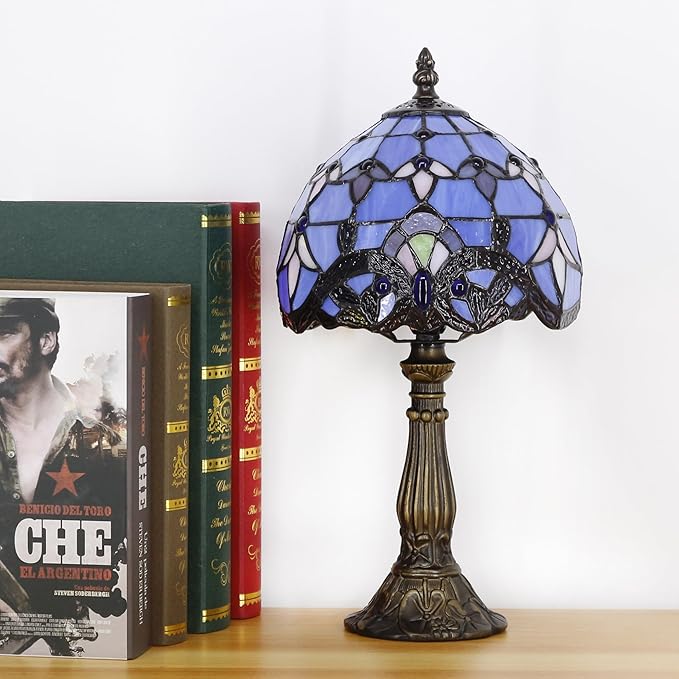 Small Tiffany Lamp Stained Glass Desk Lamp Vintage Tiffany Bedside Table Lamp for Home Living Room Bedroom Nightstand 8X15 Inch (Blue Baroque Style)