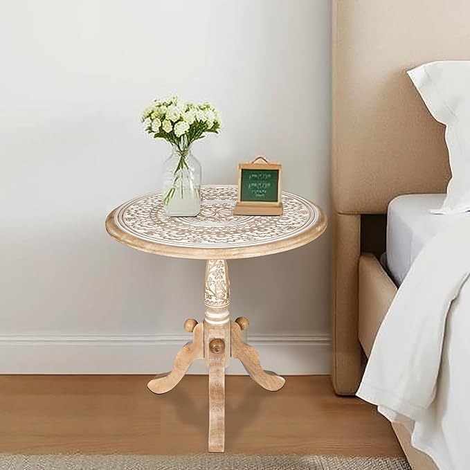 The Wooden Town Round End Table, 18x21 Inch, White Wash, Handcrafted Engraved Carved Side Table with Pedestal Base, Solid Mango Wood