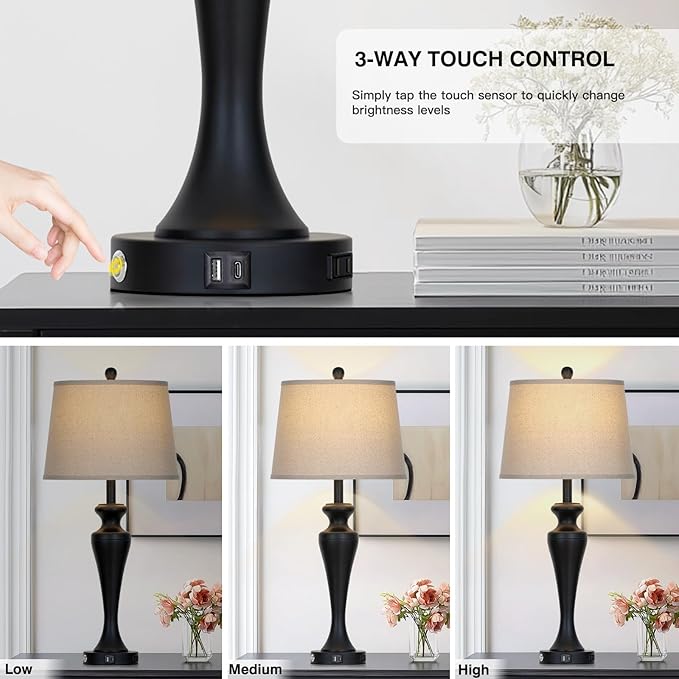 30" Black Table Lamps Set of 2, Touch Control Tall Living Room Lamp with USB A+C Ports and AC Outlet, 3-Way Dimmable Bedside Lamps for Nightstand, Modern Metal Bedroom Lamp, 2 Bulbs Included