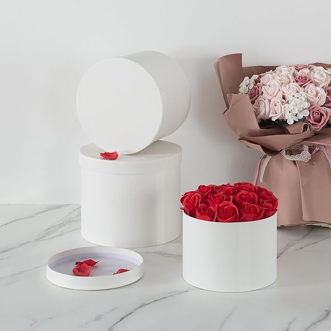 Soul & Lane Round Gift Boxes with Lids – Set of 3 Circular Boxes for Flowers, Bouquets & Arrangements, White Cardboard Cylinder Gift Box Set for Roses, Décor and Special Presentations