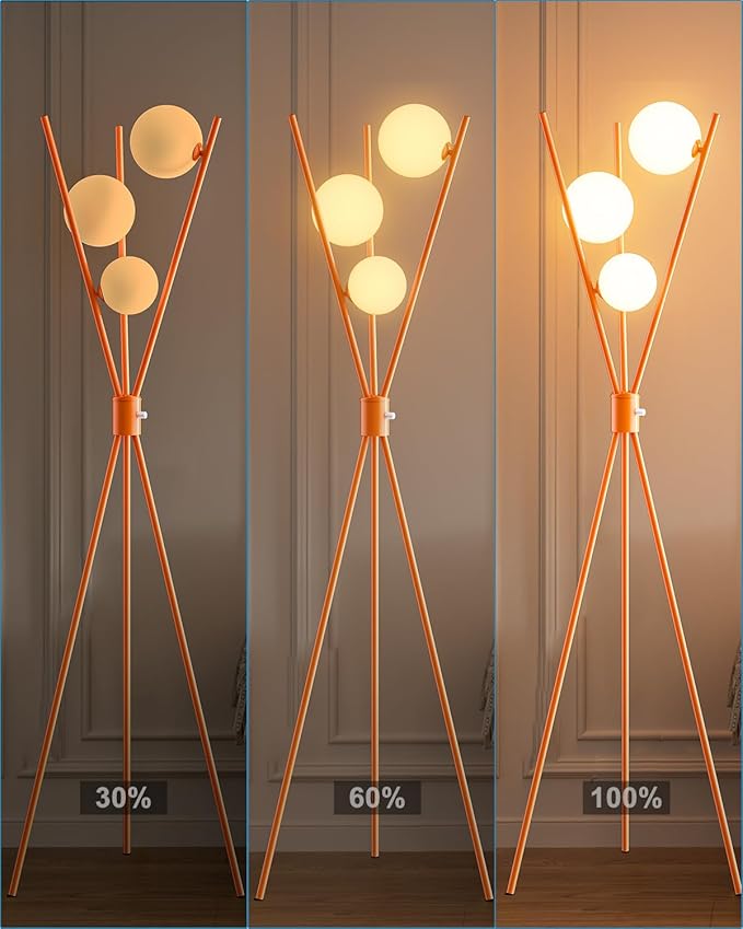 Lightdot Globe Standing Lamps Stepless Dimmable Tripod Floor Lamp with 3PCS 3000K G9 Bulbs Stable Base Orange Mid Century Modern Floor Lamp for Living Room/Bedroom