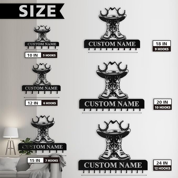 Personalized Cowboy Coat Hooks, Cowboy Boots Key Holder Wall Mount, Clothes Cowboy Hat Rack and Backpack Hanger, Western Wall Decor, Metal Key Rack Organizer for Living Room Bedroom Color06