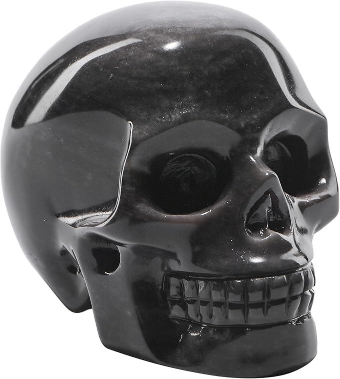 5''Natural Silverstone Obsidian Crystal Skull Head Hand Carved Reiki Healing Stone Statue Healing Home Office Art Room Decoration