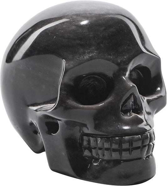 5''Natural Silverstone Obsidian Crystal Skull Head Hand Carved Reiki Healing Stone Statue Healing Home Office Art Room Decoration