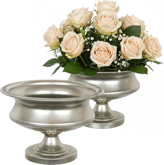 WORTH Silver Color Urn Vase for Centerpieces Set of 2, 8" H. x 11.8" Dia. Metal Trumpet Small Flower Pots for Table, Bowl Vase for Wedding Party Event Home Decor