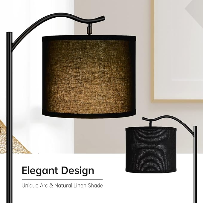 Montage Mid Century Arched Floor Lamp with Black Linen Shade, E26 Socket, Footswitch - Perfect for Living Room, Bedrooms, Office or Corner