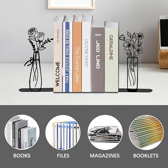 4 Pcs Floral Metal Bookends - Flowers Book Ends for Shelves Decorative, Home Office Desk Bookshelf Decor, Gift for Floral Lovers and Reading Enthusiasts, Reading Gifts for Women