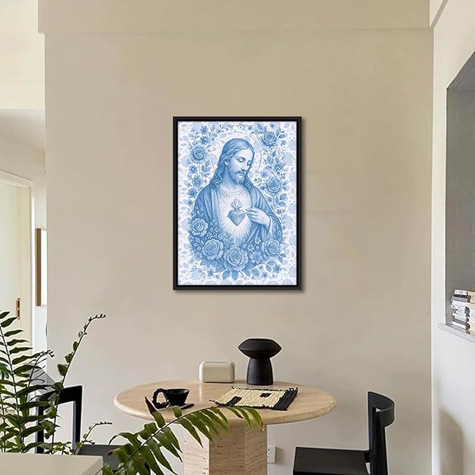 Framed Blue Sacred Heart of Jesus Canvas Wall Art Divine Mercy Wall Decor Jesus Portrait Pictures Catholic Artwork Christian Religious Poster Prints for Living Room Prayer Room Church 16x24in