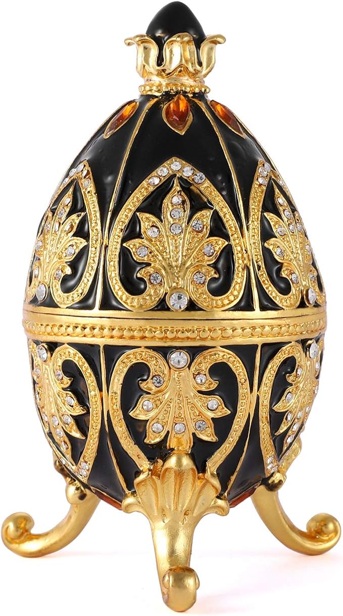 Trinket Box with Hinged Black Easter Egg Enameled Jewelry Box Classic Ornaments Metal Craft Gift for Home Decor