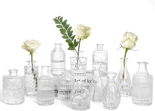 Glass Bud Vases Set of 12, Small Vases for Centerpieces, Vintage Mini Vases for Wedding Decor, Clear Glass Bud Vase in Bulk, Office and Home Table Flower Décor