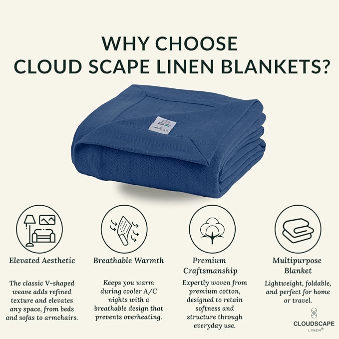 Cloud Scape Linen 100% Cotton Blanket 92x92 Ensign Blue - Cozy Herringbone Weave, Fits Up to for Full Size Beds, Breathable Softness, All-Season Warmth, Winter Blanket, for Women