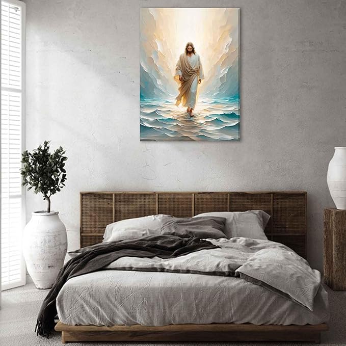 Jesus Walking On Water Canvas Wall Art Christian Bible Stories Wall Decor Picture Divine Light Modern Religious Poster Prints for Living Room Bedroom Church Home Decoration 12"x16"