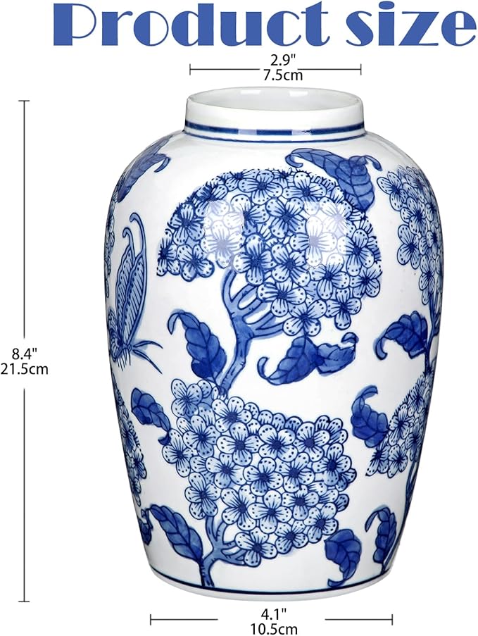 Blue and White Ceramic Vase, 8.4 Inch Hydrangea Decorative Flower Vase for Living Room Dining Table Centerpieces Bookshelf Farmhouse Chinoiserie Style Home Décor