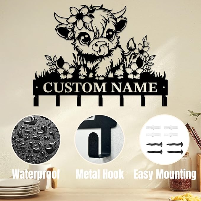 magilab Personalized Custom Highland Cow Wall Hooks,Metal Highland Cow Art Clothes Hooks,Metal Highland Cow Wall Home Storage Decorative,for Front Door, Hallway, Kitchen, Bedroom,Keys,Hats (Style E)