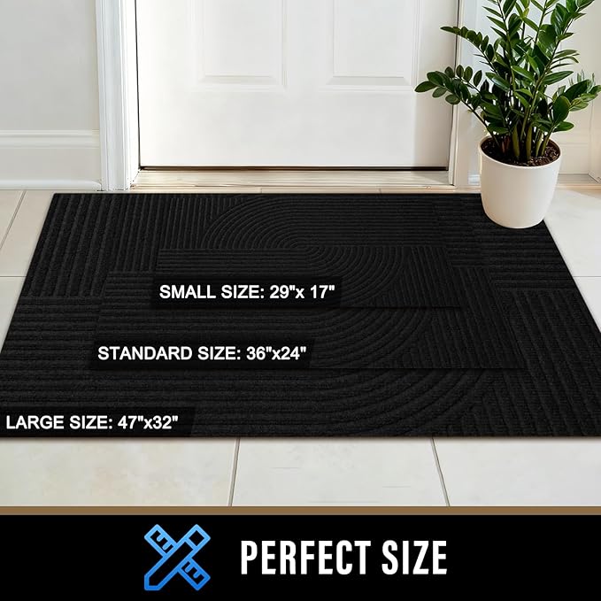 PLEASOR Front Door Mat Outside Entrance, Dirt Resistant and Absorbent Welcome Door Mat Outdoor Indoor,Sturdy Non-Slip Backing Entry Mat, Low Profile Doormat for Entryway, 47x32, Black