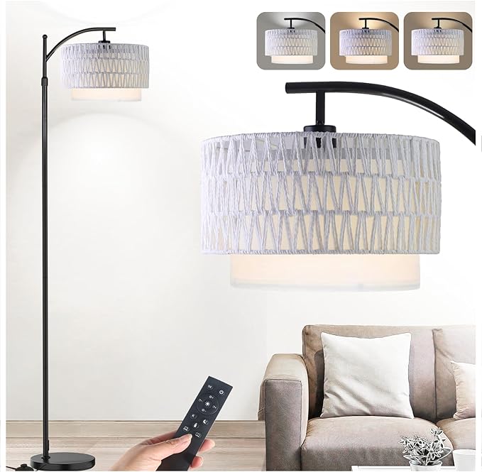 Yusist Arc Floor Lamp for Living Room,Farmhouse Floor Lamps with Remote Control & Dimmable Bulb,White Rattan Boho Tall Standing Lamp for Bedroom Office