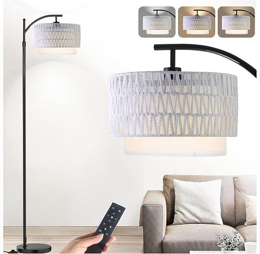Yusist Arc Floor Lamp for Living Room,Farmhouse Floor Lamps with Remote Control & Dimmable Bulb,White Rattan Boho Tall Standing Lamp for Bedroom Office