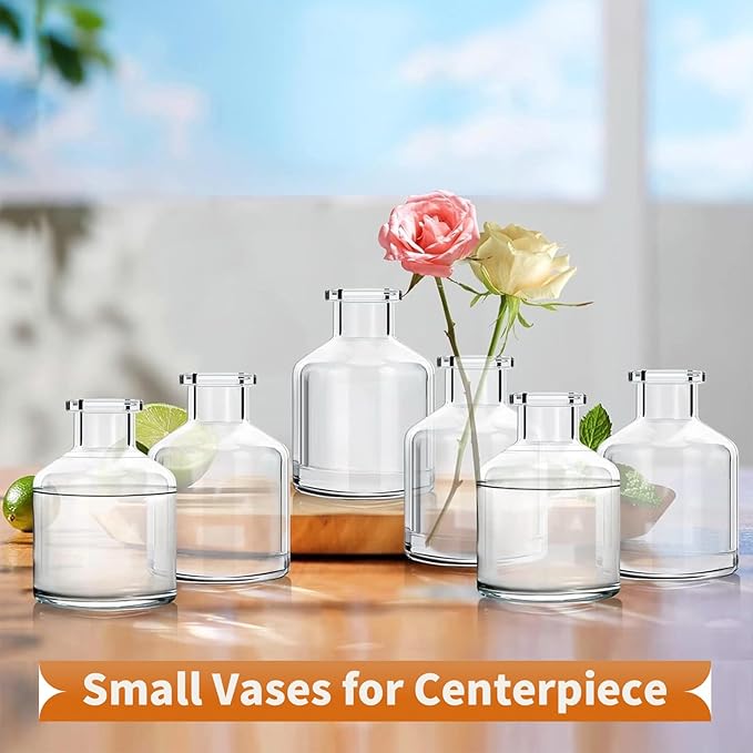 6 Pcs Bud Vases, 2 x 2.75 inch Clear Glass Bud Vase, Mini Flower Vases, Small Living Glass Vase Bulk for Flowers Centerpieces Home Table Decor Living Room Office Decor